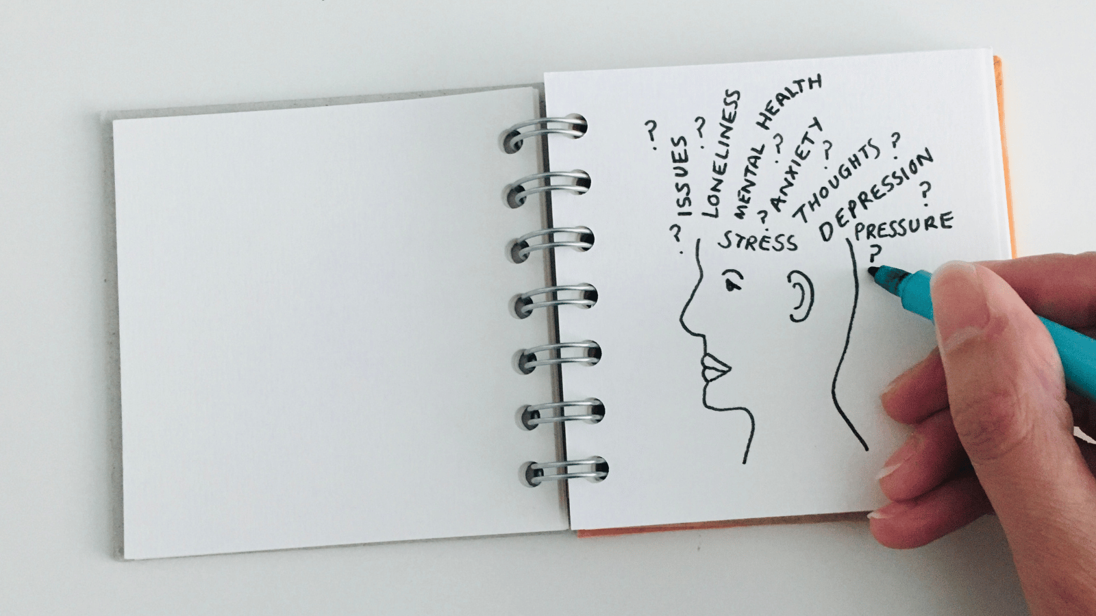 Words coming out top of sketched head with question marks. Words are: 'Loneliness', 'Issues', 'Stress', 'Mental Health', 'Anxiety', 'Thoughts', 'Depression', 'Pressure'