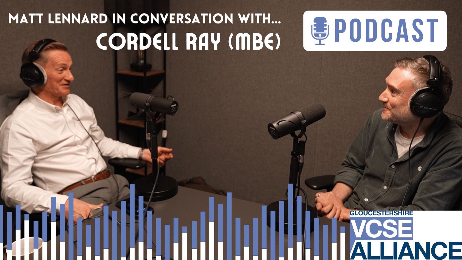 Cordell Ray (MBE) and Matt Lennard in The Music Works studio recording our podcast.
