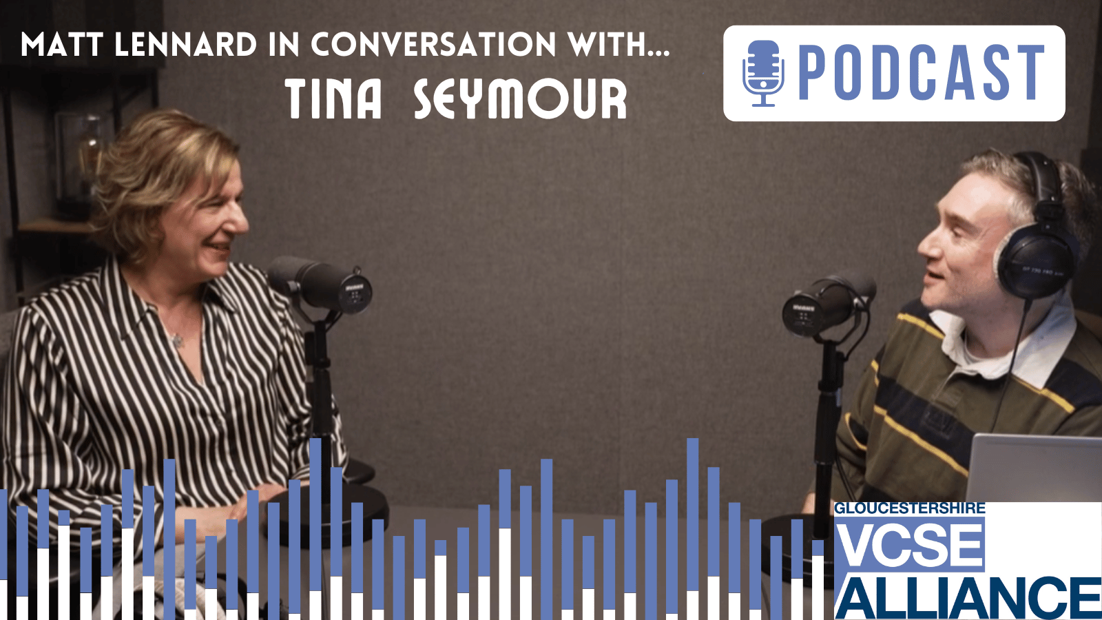 Tina Seymour and Matt Lennard in The Music Works studio recording our podcast.