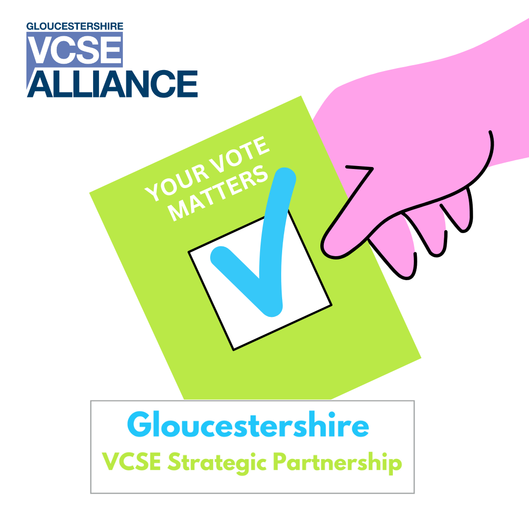 Ballot box with words 'Gloucestershire VCSE Strategic Partnership - Your Vote Matters'