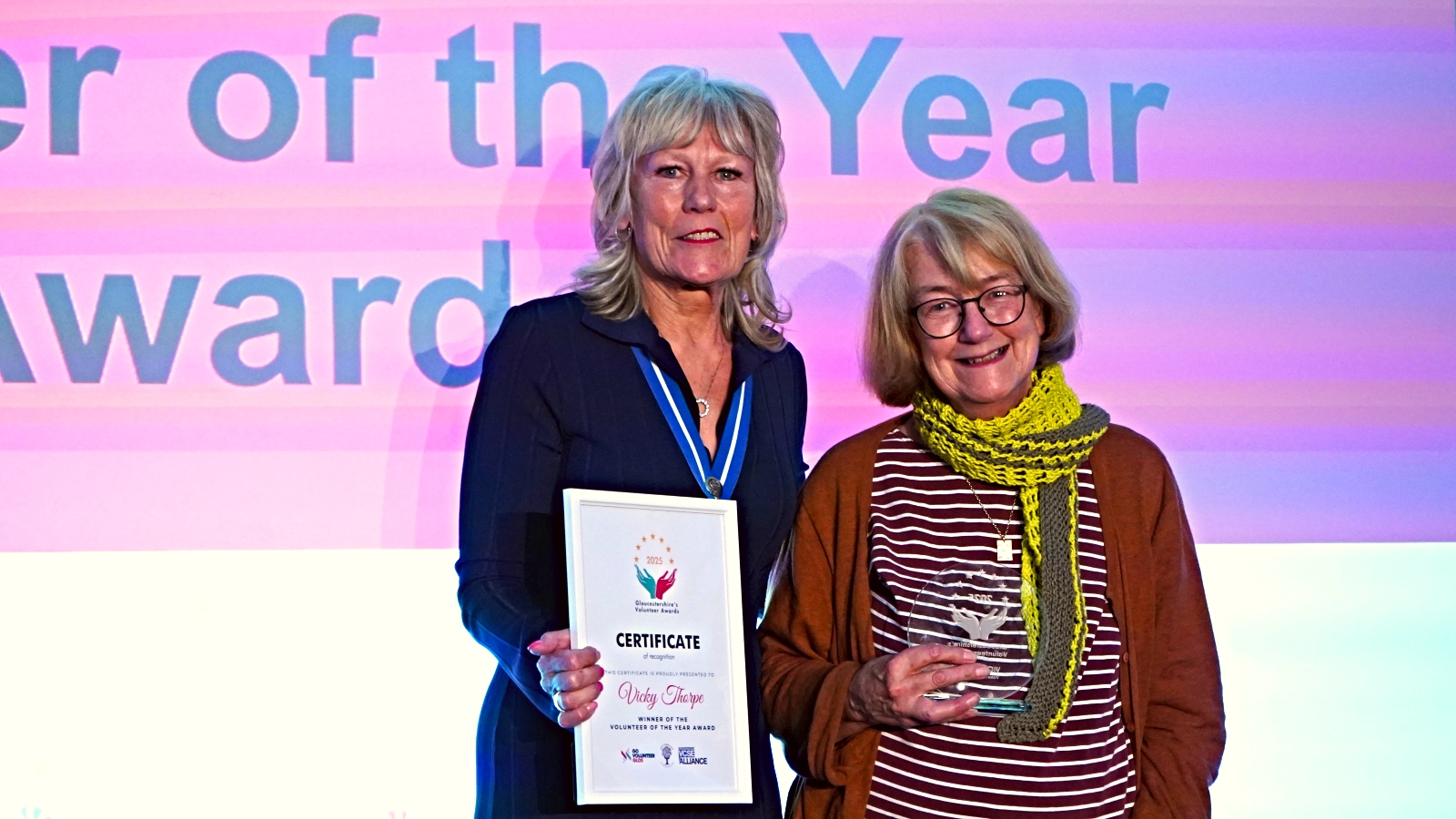Julie Kent MBE and our Volunteer of the Year, Vicky from Gloucester Foodbank