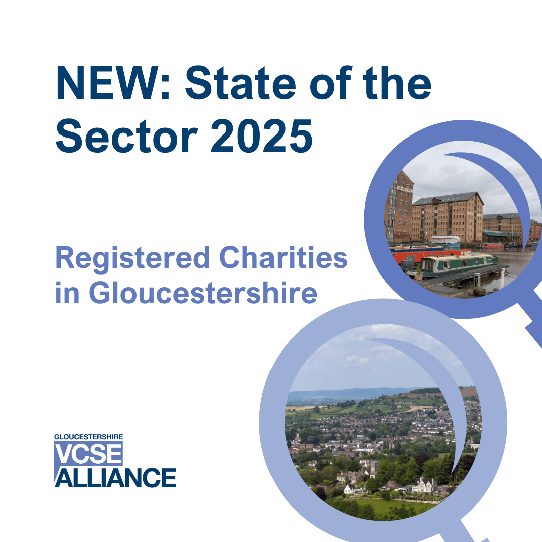 Words 'New: State of the Sector 2025. Registered Charities in Gloucestershire' with two magnifying glasses with photos  of Gloucester Quays and the Gloucestershire countryside.
