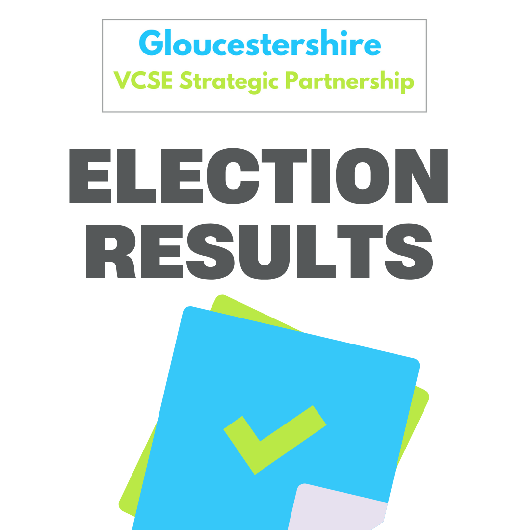 Words 'Gloucestershire VCSE Strategic Partnership. Election results' with ballot paper with tick on the middle.