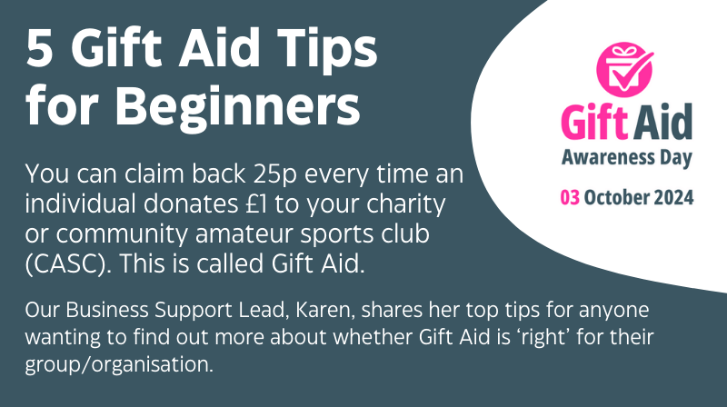 Words '5 Gift Aid Tips for Beginners' with Gift Aid Awareness Week logo.